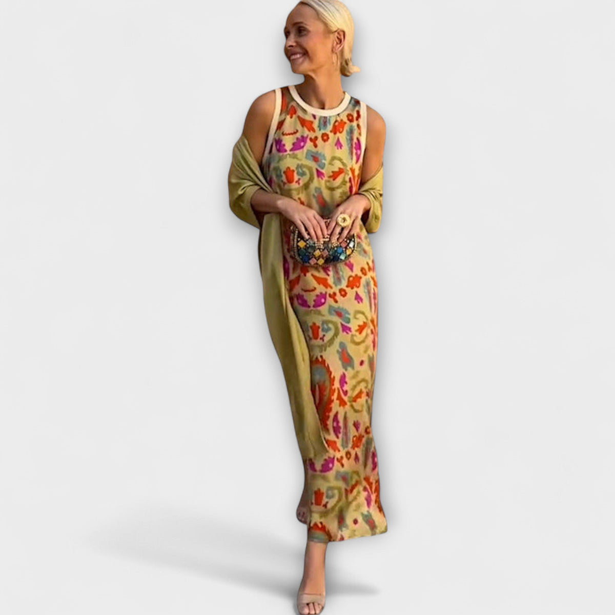 Elveria - Robe Longue Beige avec Cardigan Assorti