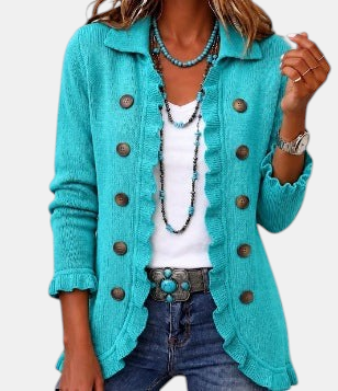 Silvana | Veste côtelée turquoise à volants