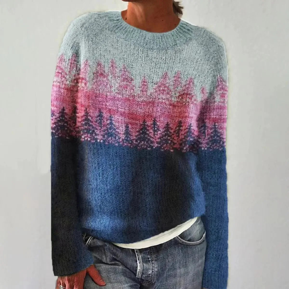 Svetlana | Pull Rétro Bleu à Motif Sapin