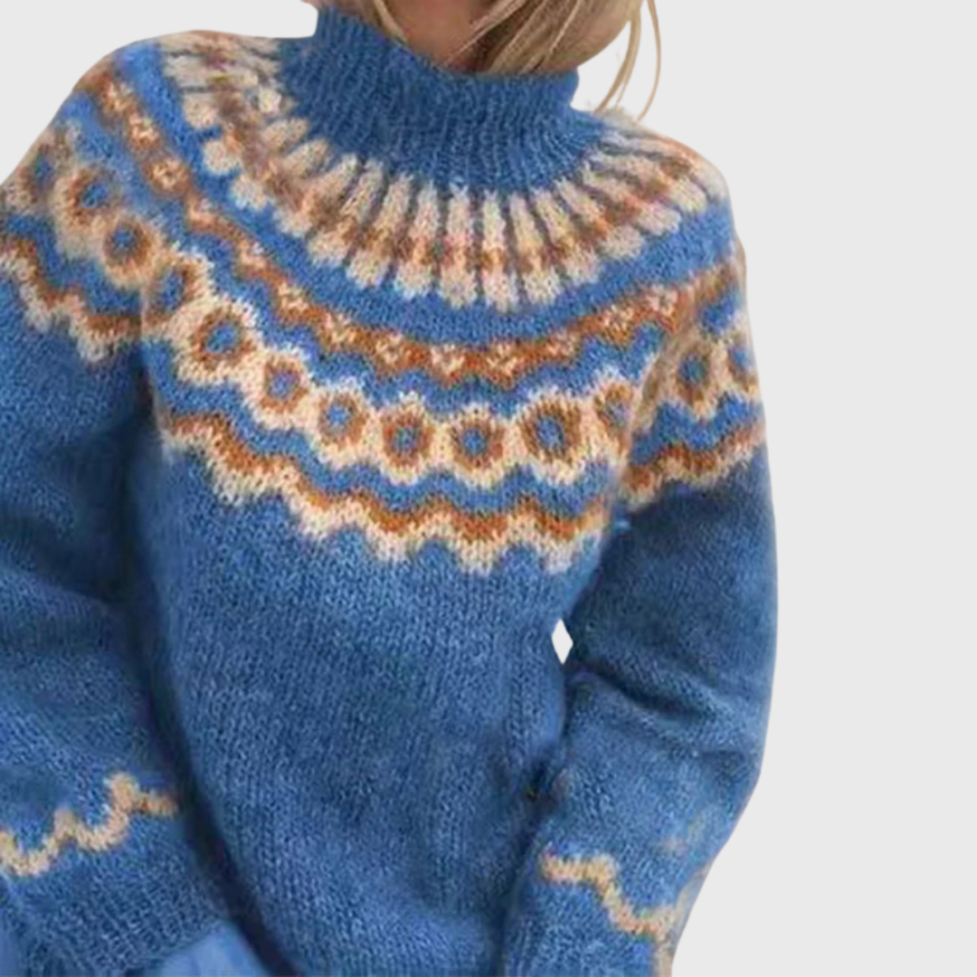 Sonja | Pull Bleu à Col Montant et Motif Norvégien