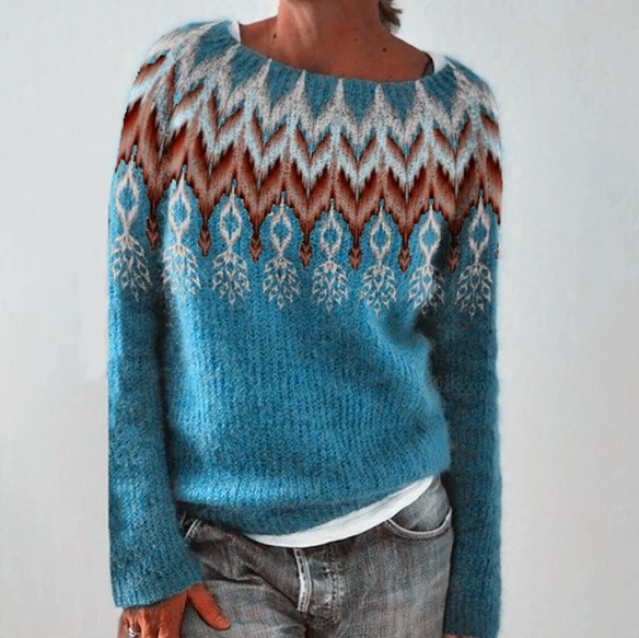 Katinka | Pull Rétro Bleu Pétrole à Motif Norvégien