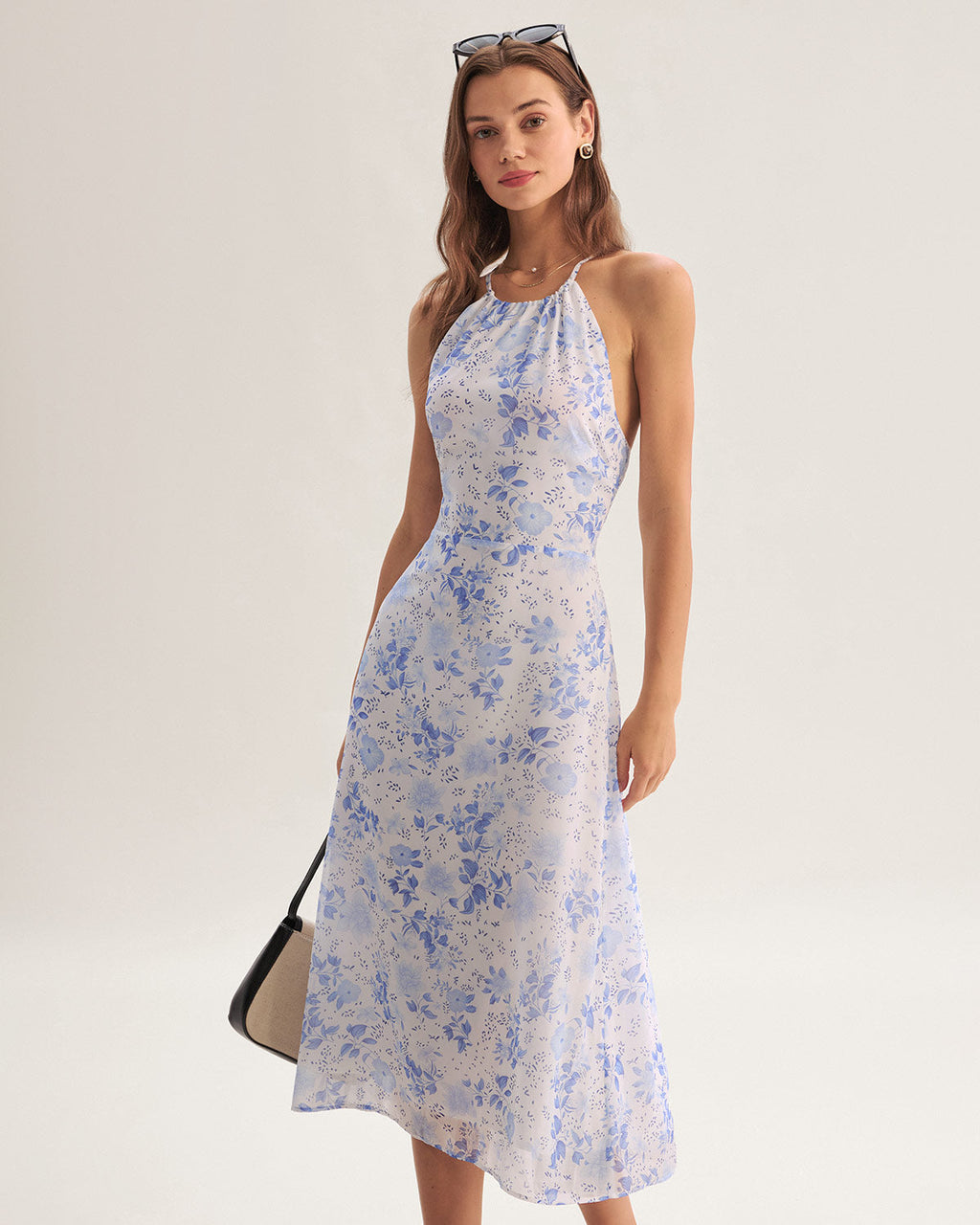Clarice - Robe Midi Bleue à Motif Floral