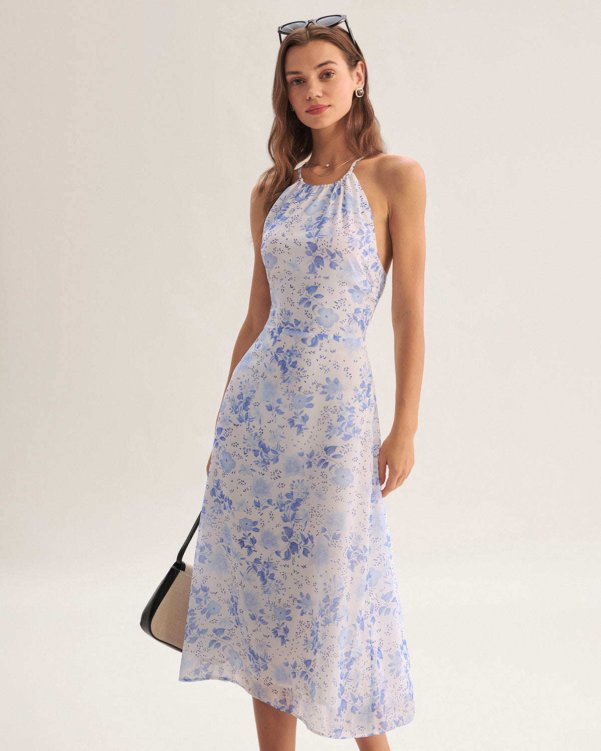 Clarice - Robe Midi Bleue à Motif Floral