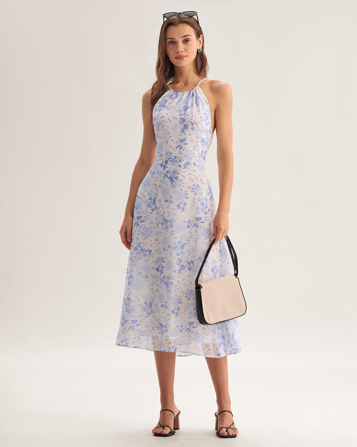 Clarice - Robe Midi Bleue à Motif Floral