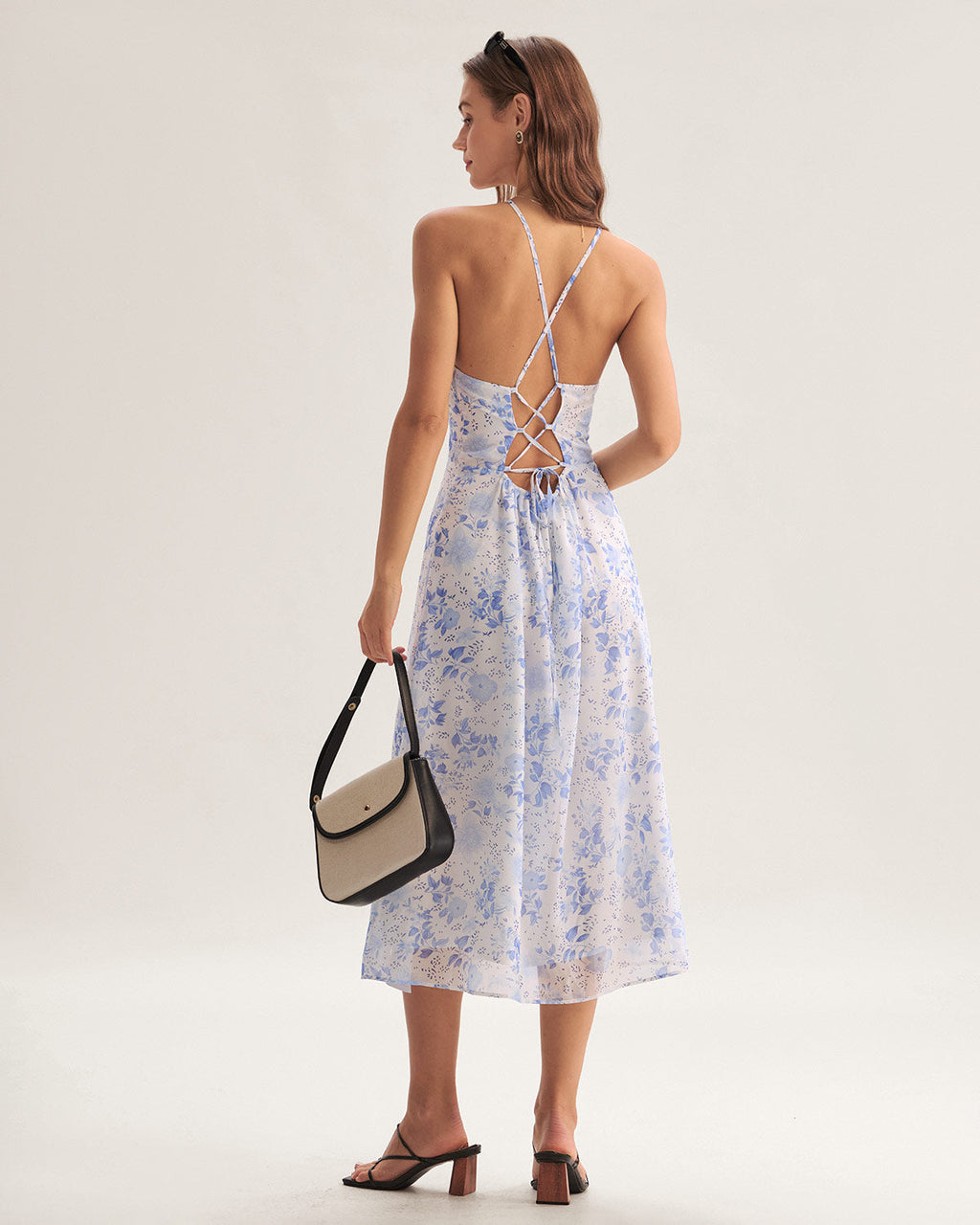 Clarice - Robe Midi Bleue à Motif Floral