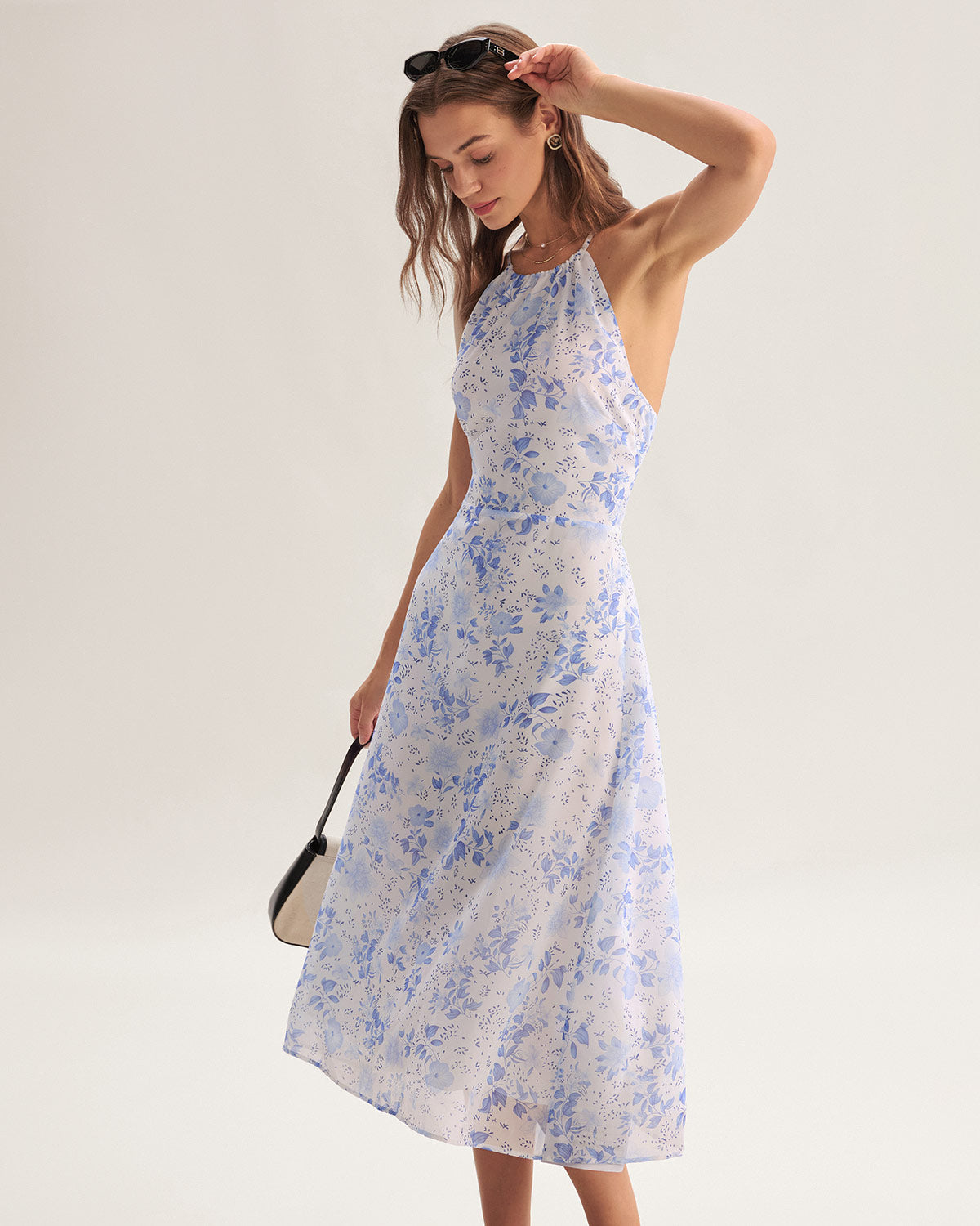 Clarice - Robe Midi Bleue à Motif Floral